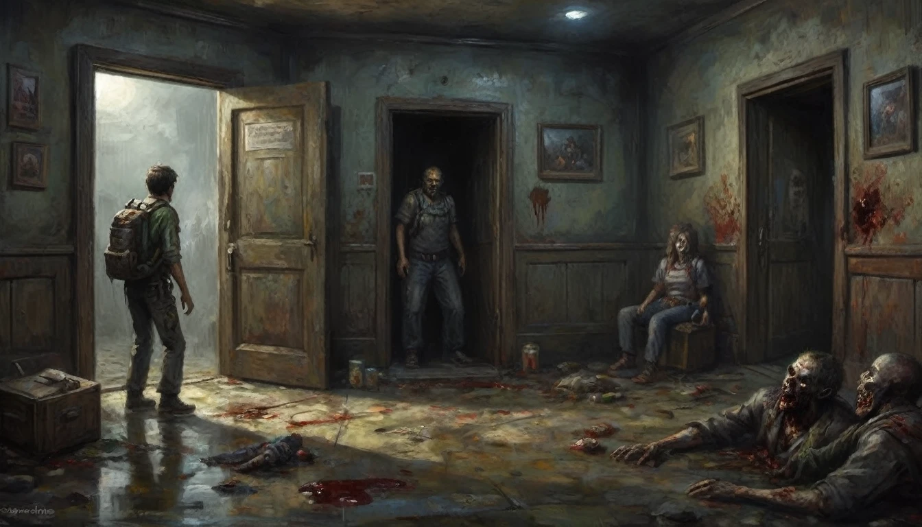 Make a room, with a dark apocalyptic setting, In this one, there is a person looking at the door and wearing a backpack on their back, at the door there are 2 rotting zombies with exposed wounds and the zombies&#39; eyes are yellow.