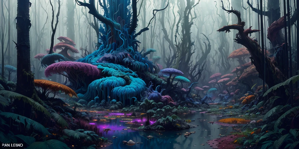 surreal lush forest mixed media, a (Paul Lehr Bernie Fuchs) magical fantasy designed, vivid colours, cryptic, mystical, flowing organic pop surrealism by james jean, roby dwi antono, ross tran, steven kenny, paul neberra, ashley wood, atmospheric, trending on artstation. 8 k masterpiece, fluid, filigree, smoke,