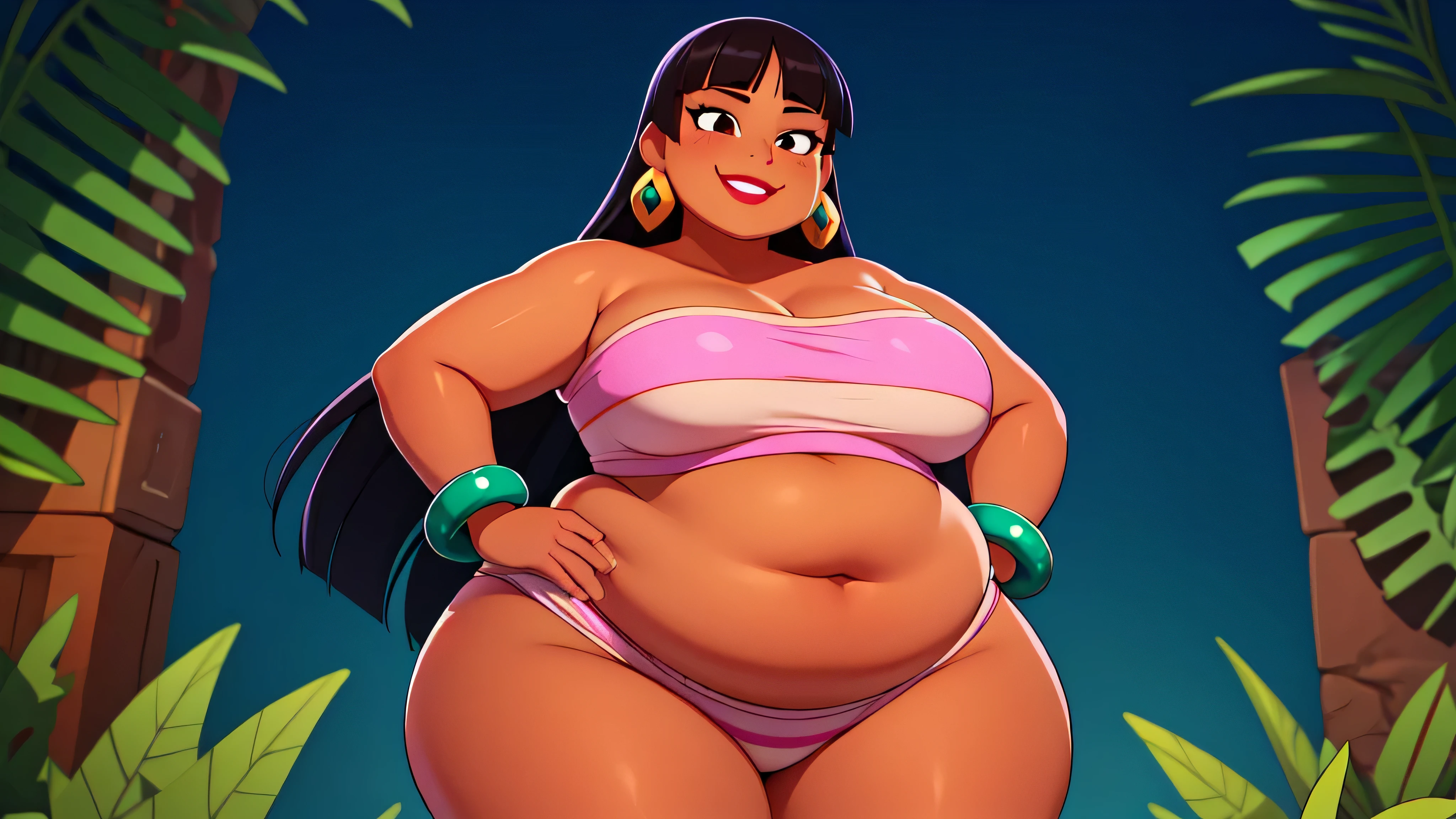 (work of art:1.2, best qualityer:1.2), soft ambient lighting, perfect lighting, 1 girl, standing alone, Chel, Bblack hair, long hair, rhombus stripe, eyes browns, darkskin, lipstick, breasts big, Broad Hips, top of the tube, neckleace, bared shoulders, emerald earrings, emerald bracelets, looking at the camera with a smug expression on his face, hands on hips, market bottom, full body market, very large body, fat belly rolls, ssBBW, big breasts, sexy smile, fat arms, thunder thighs, super fat, BBW, looking at viewer