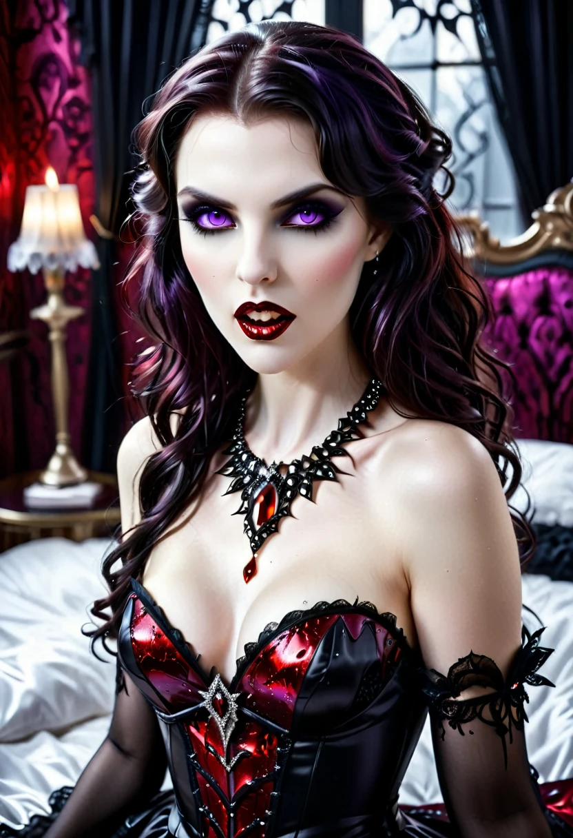 fantasy art deco (art deco: 1.5) A (black and white: 1.5) glamours (vampire: 1.5) model shot, RAW, award winning, of an exquisite beautiful 1solo female vampire, ultra feminine, full body, busty woman, most beautiful face ultra detailed face, long hair, wavy hair, pale skin, glowing (red: 1.3) eyes, wearing (purple: 1.5) silk intricate glamour dress corset , , studded with (black opals: 1.3) wearing intricate high heels, lying in bed, light make up, modern day high society bedroom background, (black and white filter: 1.4), (anatomically correct: 1.4), 1960s photoshoot style, picture taken from dynamic range, vibrant, Ultra-high resolution, High Contrast, (masterpiece:1.5), highest quality, Best aesthetics), best details, best quality, highres, ultra wide angle, 16k, [ultra detailed], masterpiece, best quality, (extremely detailed), Intense Gaze, RedGlitter, dark novel, Blood_Covered, goth person