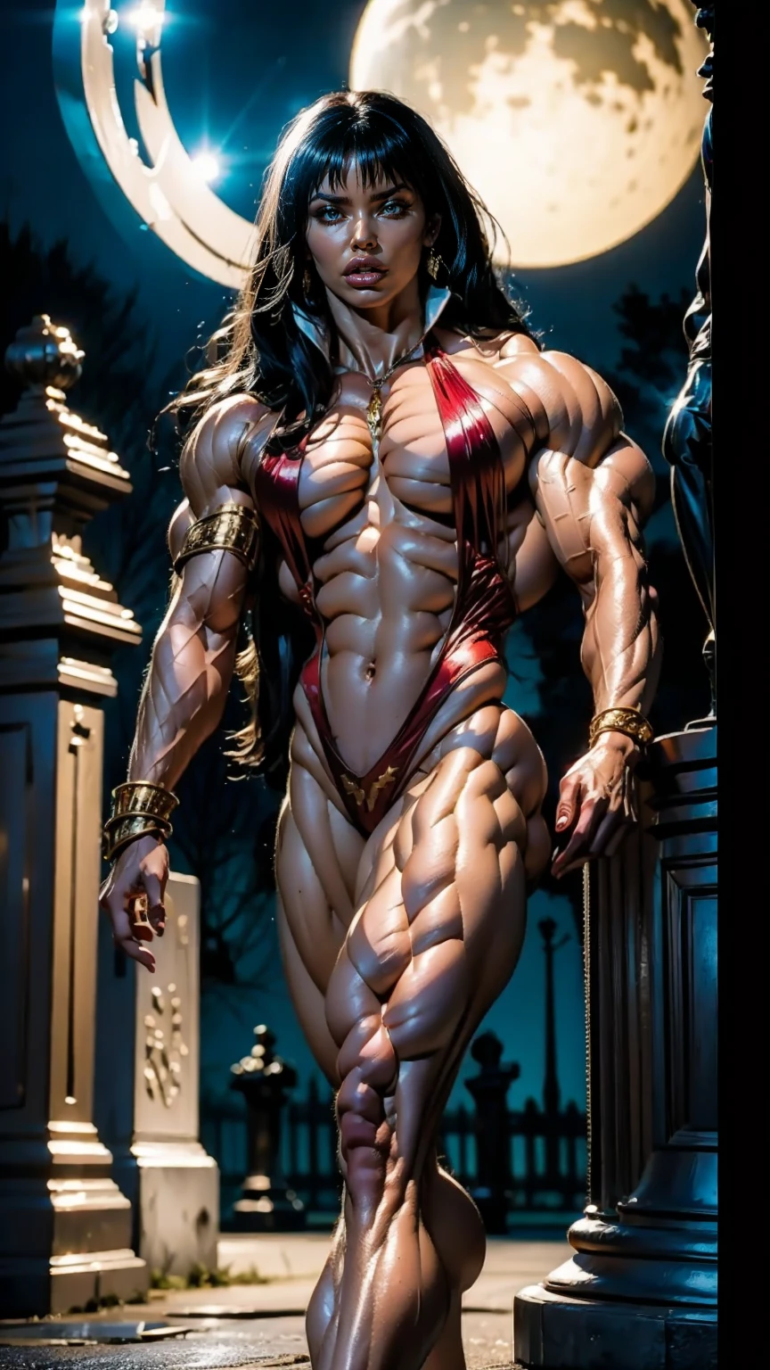 Megan fox as Vampirella, (wearing a red vampirella outfit:1.25), (muscular physique, pale skin, red glowing eyes:1.25), walking down a cemetery on a moonlit night, full moon, dark gothic atmosphere, thin legs, Realistic, Very detailed face and eyes, (masterpiece:1.1), (best quality:1.1), (ornate:1.1), (beautiful girl face:1.25)