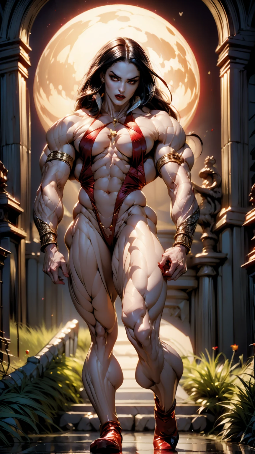 Megan fox as Vampirella, (wearing a red vampirella outfit:1.25), (muscular physique, pale skin, red glowing eyes:1.25), walking down a cemetery on a moonlit night, full moon, dark gothic atmosphere, thin legs, Realistic, Very detailed face and eyes, (masterpiece:1.1), (best quality:1.1), (ornate:1.1), (beautiful girl face:1.25)