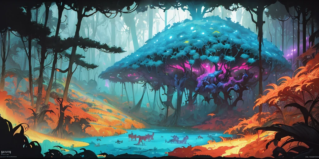 surreal lush forest mixed media, a (Paul Lehr Bernie Fuchs) magical fantasy designed, vivid colours, cryptic, mystical, flowing organic pop surrealism by james jean, roby dwi antono, ross tran, steven kenny, paul neberra, ashley wood, atmospheric, trending on artstation. 8 k masterpiece, fluid, filigree, smoke,