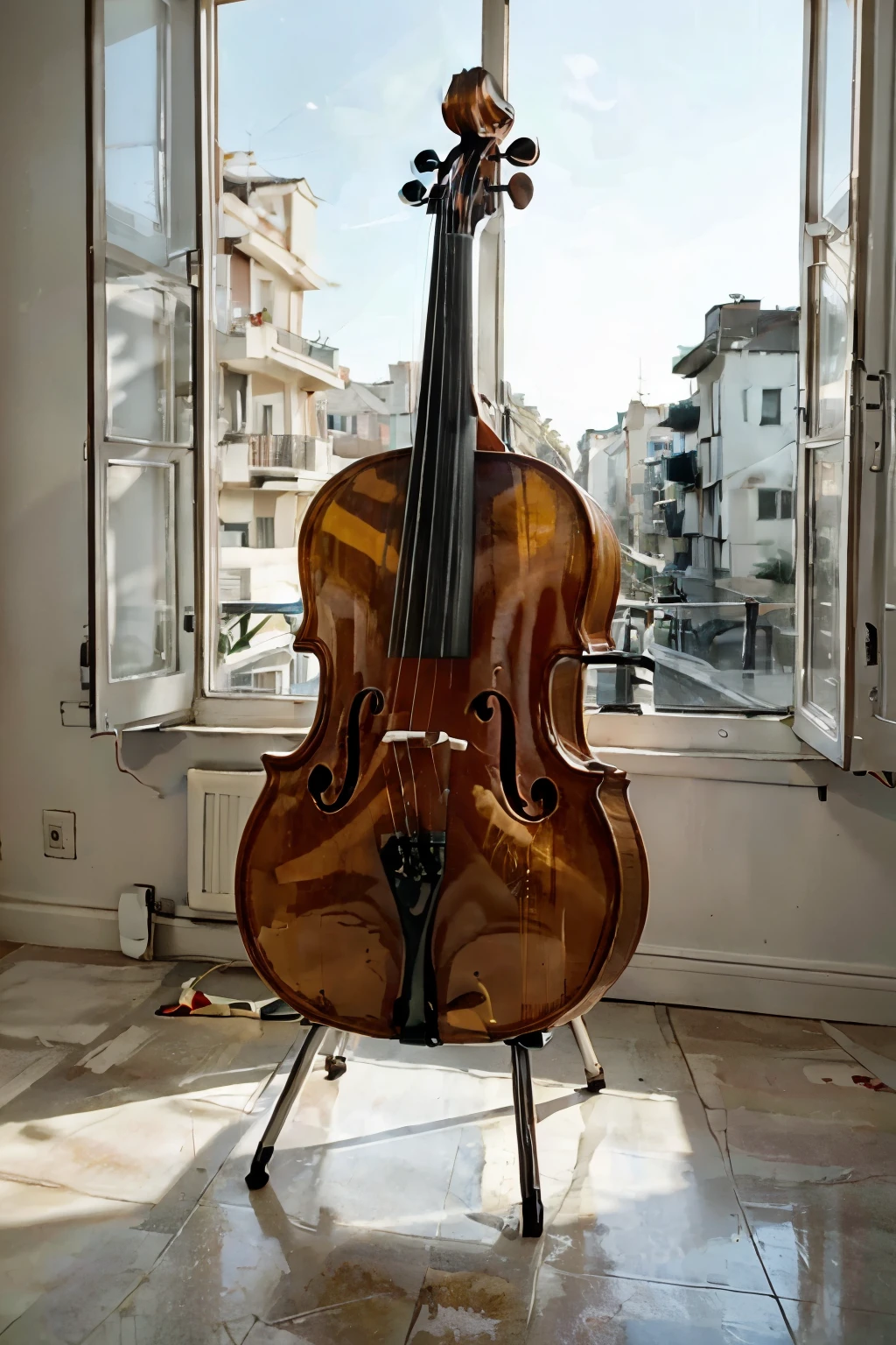 A cello in a white room with a window that lets in the sunset light, the cello is leaning against a chair