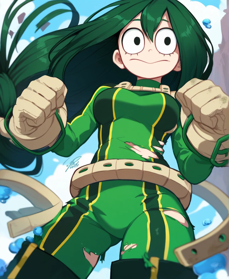 score_9_above, score_8_above, score_7_above, cowboy shot, 1 girl, asui tsuyu\(Boku no hero academia\), green fur, very long hair, Long hair tied low, tied hair, black eyes, Wide hips, medium breasts, smiling, (torn clothes), (exposed breasts) fountain_cheered up, cheered up style, (destroyer city), (angry)