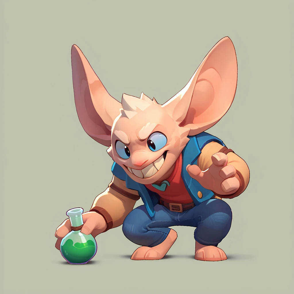 a blue furball, male, with long ears, pointy teeth, who smiles, dressed in jeans, with a green potion in his hand