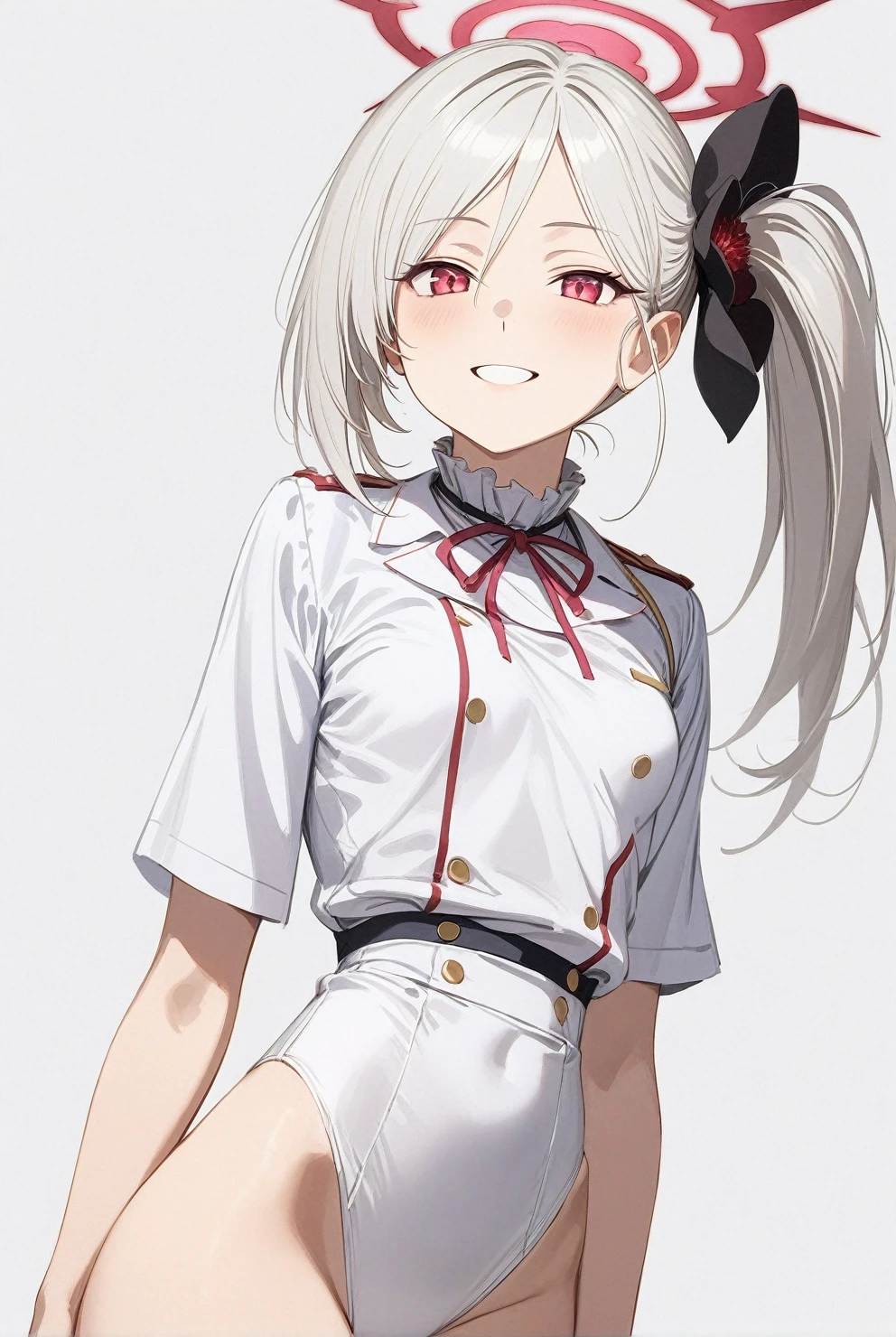 best quality, amazing quality, very aesthetic, absurdres, (1girl, mutsuki, blue archive, solo, red eyes, white hair, side ponytail), (realistic face:0.7), (smile, tight clothing), (cowboy shot), (glowing eyes:1.2), (half closed eyes:0.9), (thigh),perfect face, 4k, extremely detailed eyes, perfect anatomy, light rays, extremely delicate body, smooth skin, (gray background:1.5), clear eyes, beautiful face, small breasts, (Chiaroscuro:1.5), (highres:1.8), cinematic
