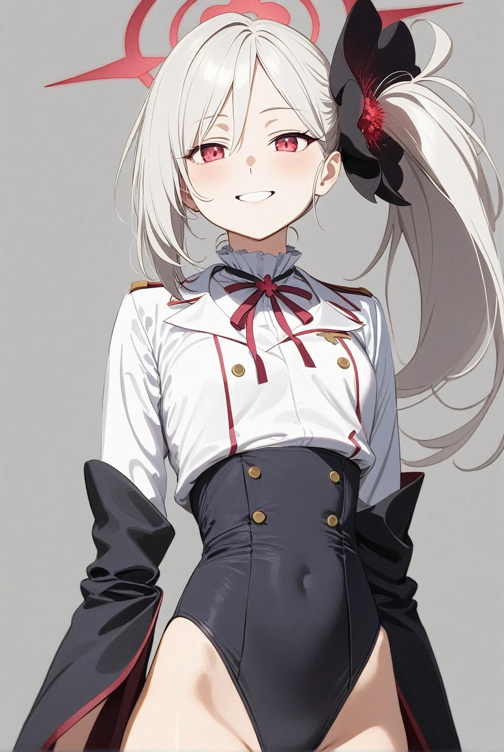 best quality, amazing quality, very aesthetic, absurdres, (1girl, mutsuki, blue archive, solo, red eyes, white hair, side ponytail), (realistic face:0.7), (smile, tight clothing), (cowboy shot), (glowing eyes:1.2), (half closed eyes:0.9), (thigh),perfect face, 4k, extremely detailed eyes, perfect anatomy, light rays, extremely delicate body, smooth skin, (gray background:1.5), clear eyes, beautiful face, small breasts, (Chiaroscuro:1.5), (highres:1.8), cinematic