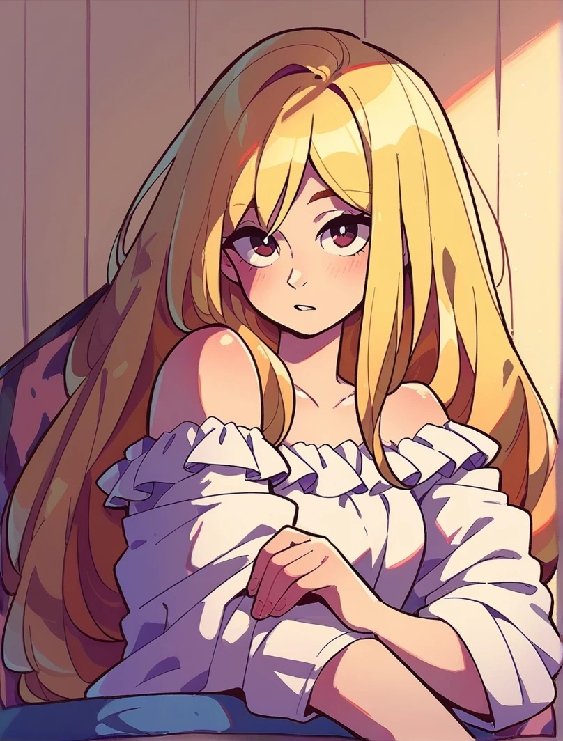 gazing at viewer, long blonde hair, yellow off-shoulder blouse, eyes browns