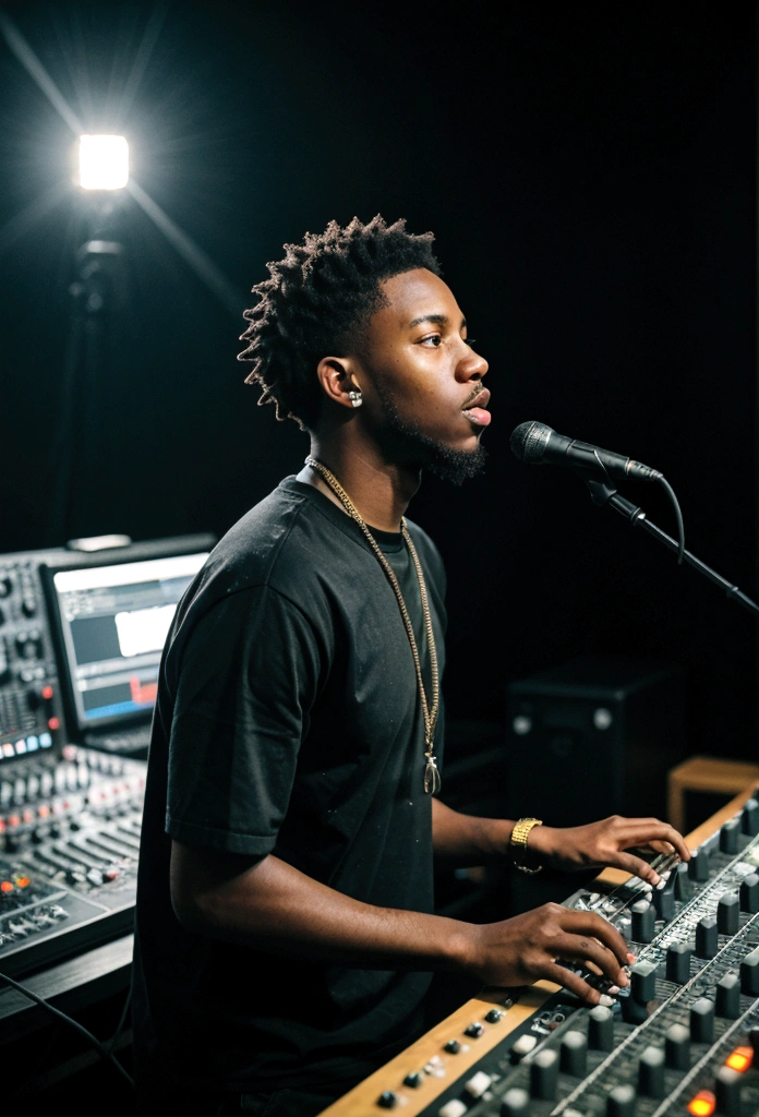 young black man hip hop producer in studio behind a large soundboard.