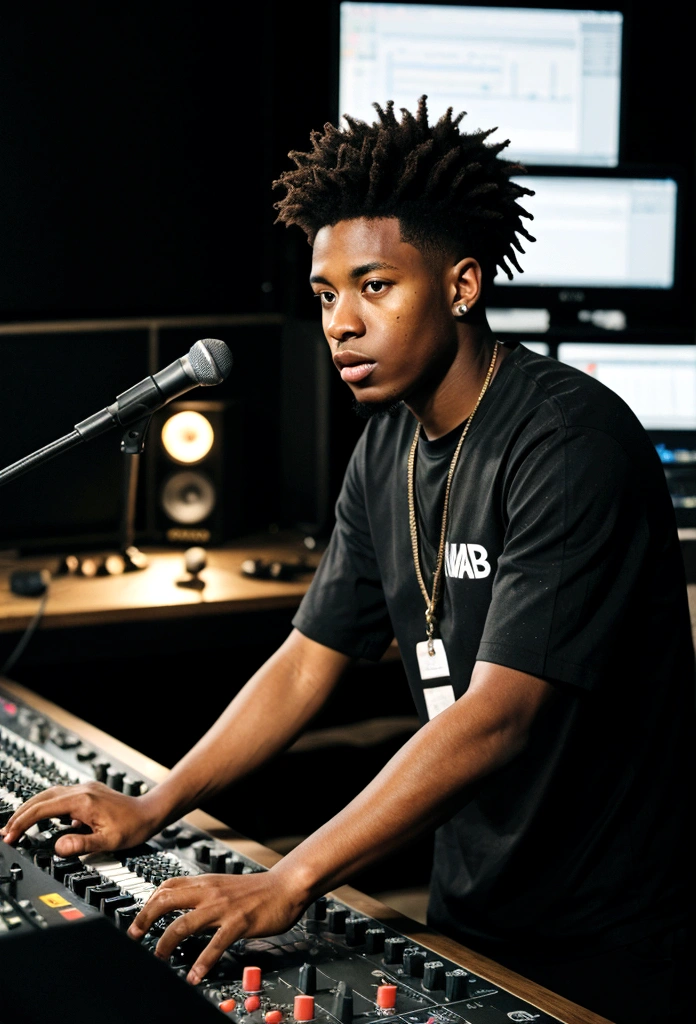 young black man hip hop producer in studio behind a large soundboard.