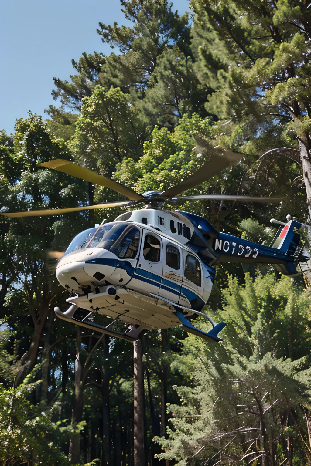 Helicopter, female pilot, tilting dangerously, in the air, near trees