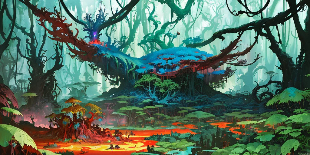 surreal lush forest mixed media, a (Paul Lehr Bernie Fuchs) magical fantasy designed, vivid colours, cryptic, mystical, flowing organic pop surrealism by james jean, roby dwi antono, ross tran, steven kenny, paul neberra, ashley wood, atmospheric, trending on artstation. 8 k masterpiece, fluid, filigree, smoke,