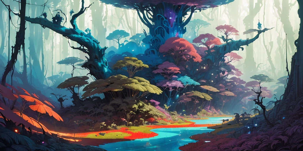 surreal lush forest mixed media, a (Paul Lehr Bernie Fuchs) magical fantasy designed, vivid colours, cryptic, mystical, flowing organic pop surrealism by james jean, roby dwi antono, ross tran, steven kenny, paul neberra, ashley wood, atmospheric, trending on artstation. 8 k masterpiece, fluid, filigree, smoke,