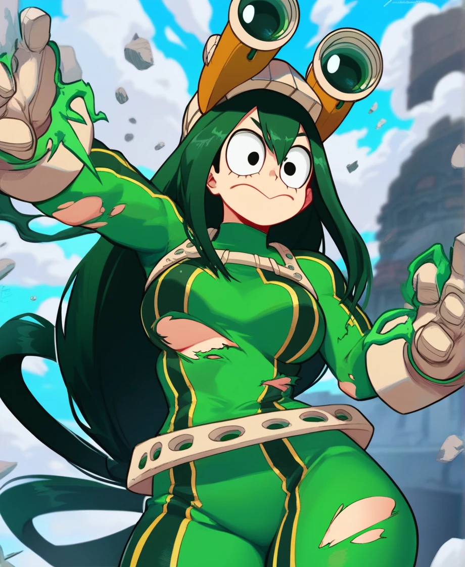 score_9_up, score_8_up, score_7_up, cowboy shot, 1girl, Asui Tsuyu\(boku no hero academia\), green hair, very long hair, low-tied long hair, tied hair, black eyes, wide hips, medium breasts, smiling, (Torn clothes), source_anime, anime style, (destroyer city), (annoyed)