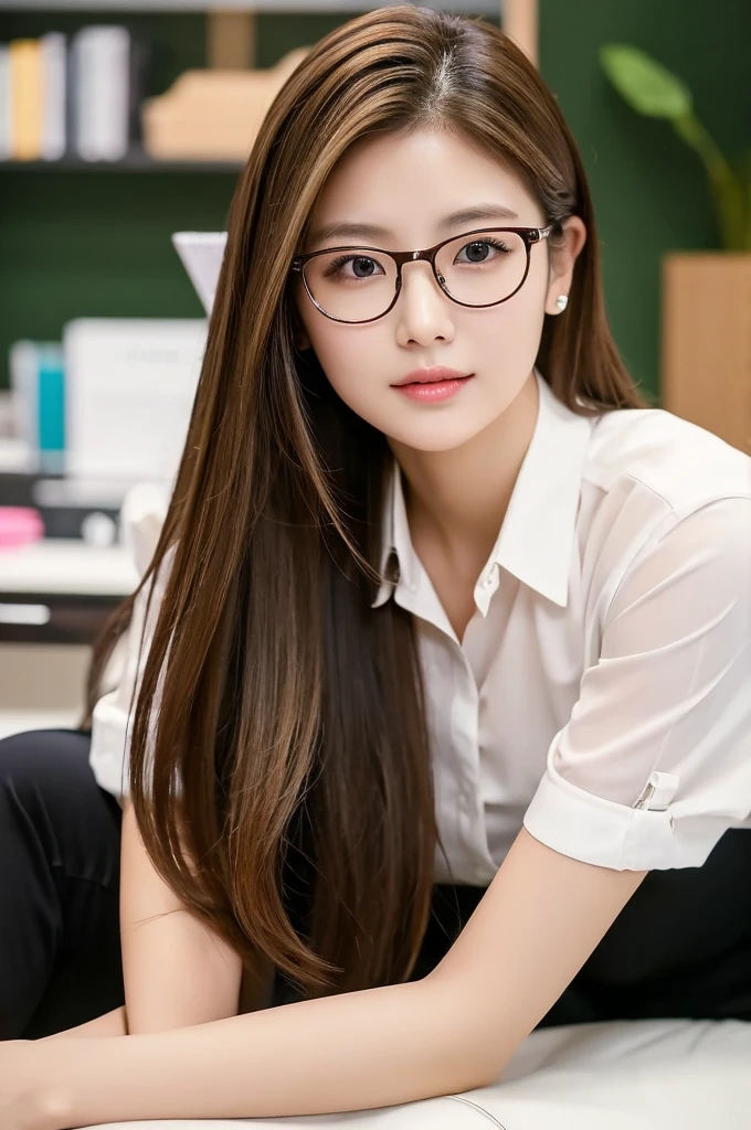 Han Julie is a young Korean woman in her 28s. Her hair is long in a dark blonde color. Her face is oval and marked by her large brown eyes, which carry a cold, unexpressive face. Her skin is radiant and clear, presenting an impeccable state of health and her curved lips. Her height is medium, her body athletic and defined, with the most charming and provocative. It contrasts and matches their personalities. She is in her office at the company in the night, wearing a pair of glasses with white shirt with loose tie while undoing her sitting