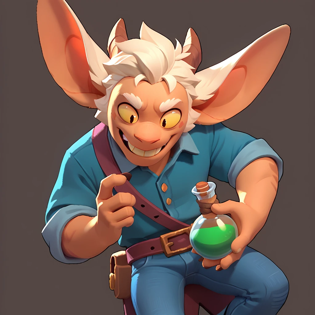 a blue furball, male, with long ears, pointy teeth, who smiles, dressed in jeans, with a green potion in his hand