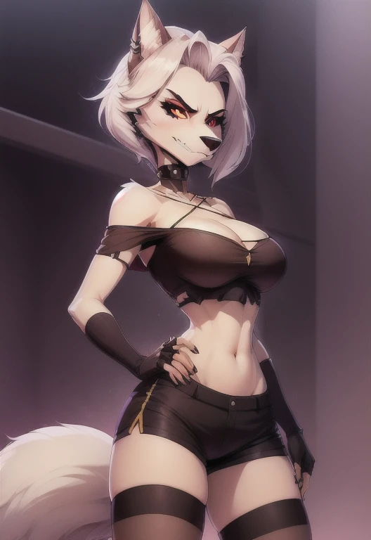 (1girl, solo), (sfw), safe for work, perfect body, slim, big breasts, thigh highs, anthro, furry, annoyed look on face, fingerless gloves, choker, off-shoulder crop top, deep cleavage, shorts, (fluffy tail:1.1), Loona \(Helluva Boss\), (masterpiece, artstation, epic composition, good quality)
