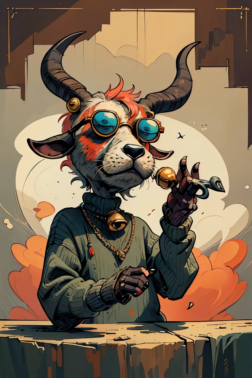 a crazy old cartoon goat, wearing sunglasses, wearing a sweater, 8k, creative illustration, masterful artwork, strange art, has a nose ring with a small bell