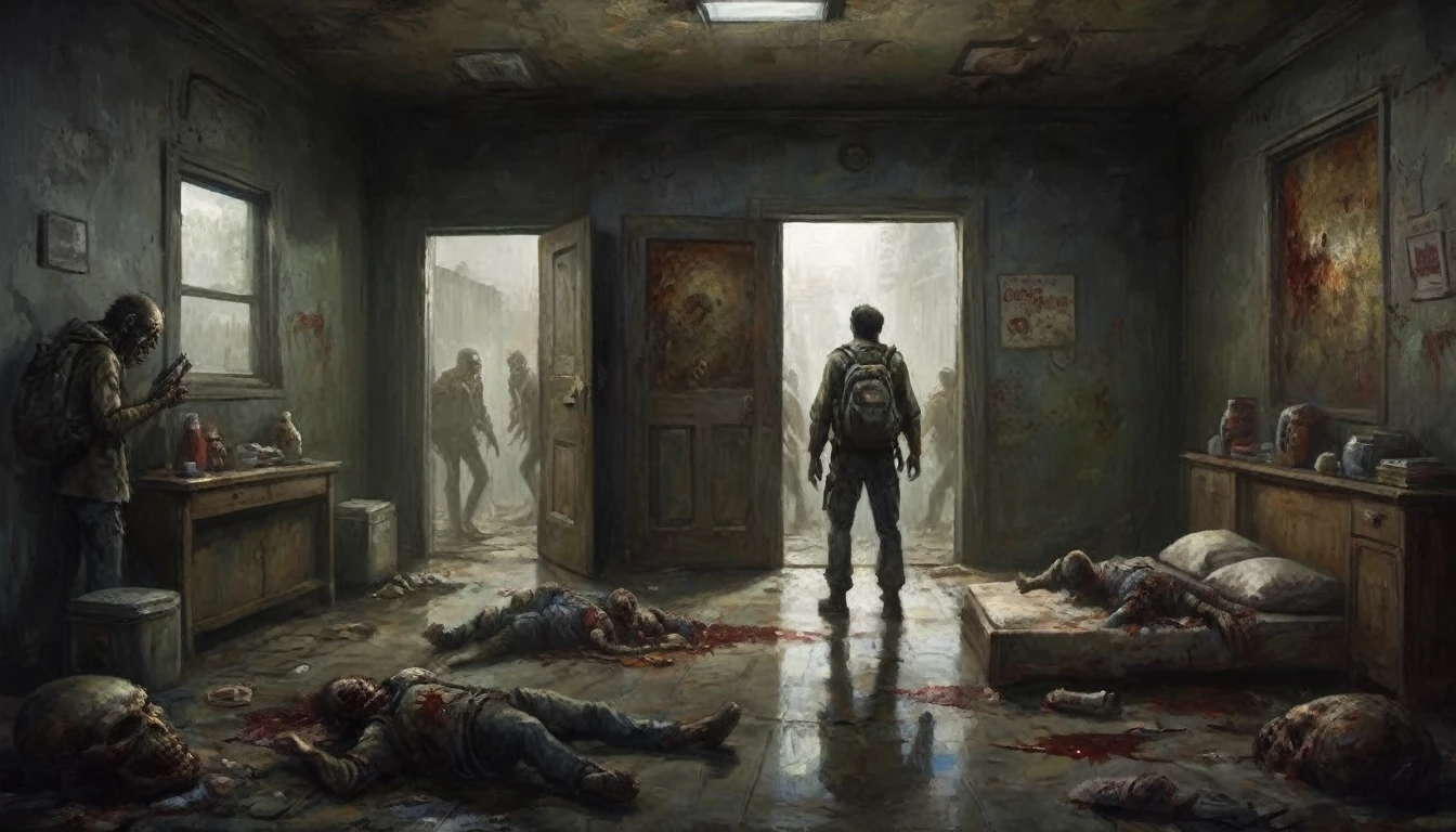 Make a room, with a dark apocalyptic setting, In this one, there is a person looking at the door and wearing a backpack on their back, at the door there are 2 rotting zombies with exposed wounds and the zombies' eyes are yellow.