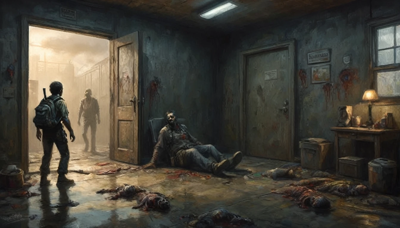 Make a room, with a dark apocalyptic setting, In this one, there is a person looking at the door and wearing a backpack on their back, at the door there are 2 rotting zombies with exposed wounds and the zombies' eyes are yellow.