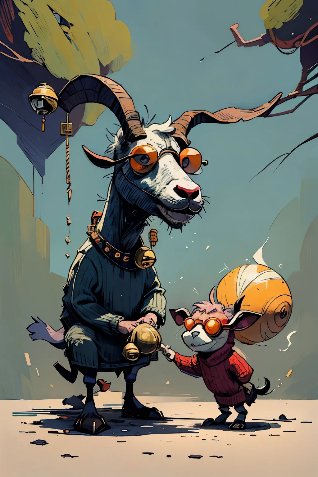 a crazy old cartoon goat, wearing sunglasses, wearing a sweater, 8k, creative illustration, masterful artwork, strange art, has a nose ring with a small bell