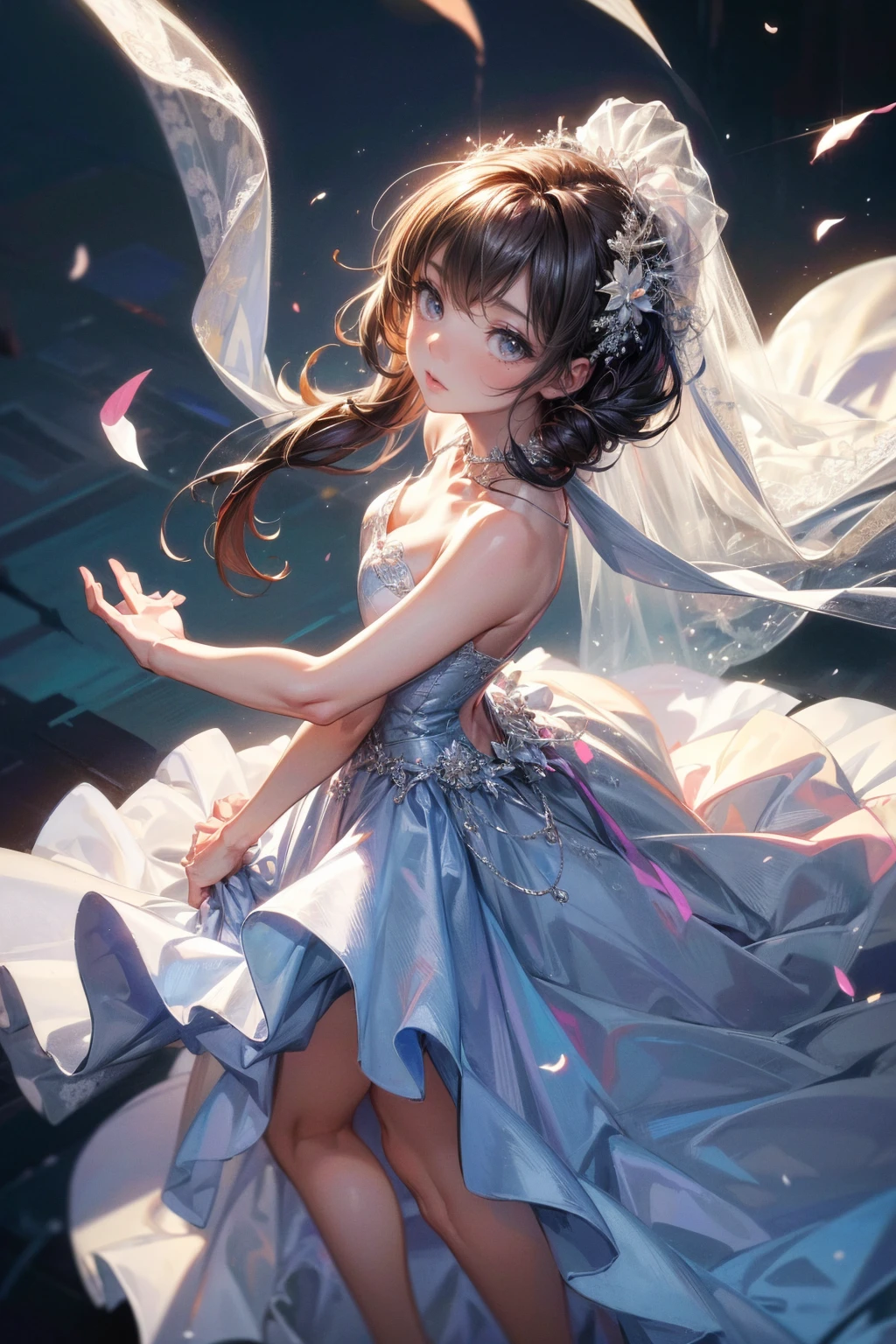 (Highest quality, High resolution, masterpiece:1.2,), figure, night, One girl, whole body, (Enamel material),(High leg wedding dress), Put your arms behind your back, Wait for a kiss, View your viewers, Happy, blush,