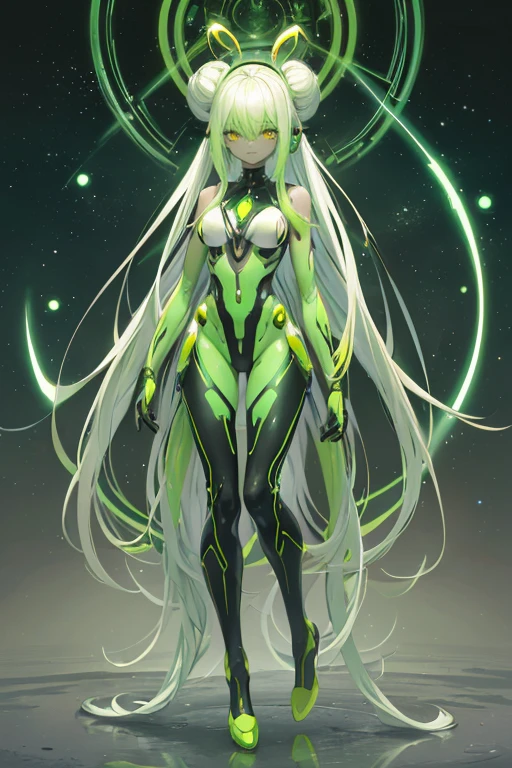 Alien woman, antennas on head, tentacles, yellow colored-eyes, (alien sci-fi women, green colored-skin, long white colored-hair, buns), science, well-proportioned, high-dimensional, detailed appearance: Full body, sci-fi suit.