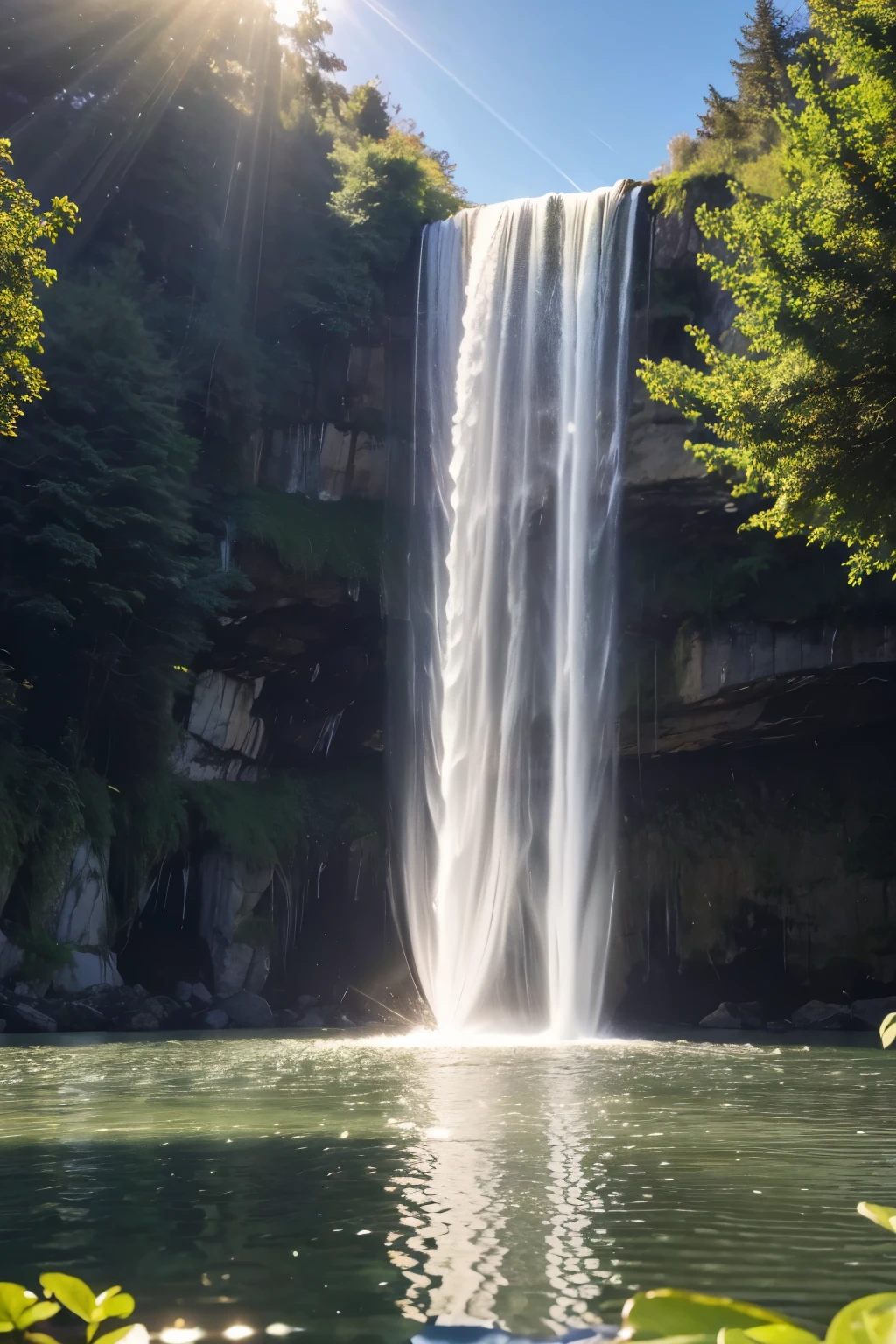 ((best qualityer)), ((realisitic)), (detailded), drop of water falling into the water with a beam of light and a green landscape in the background