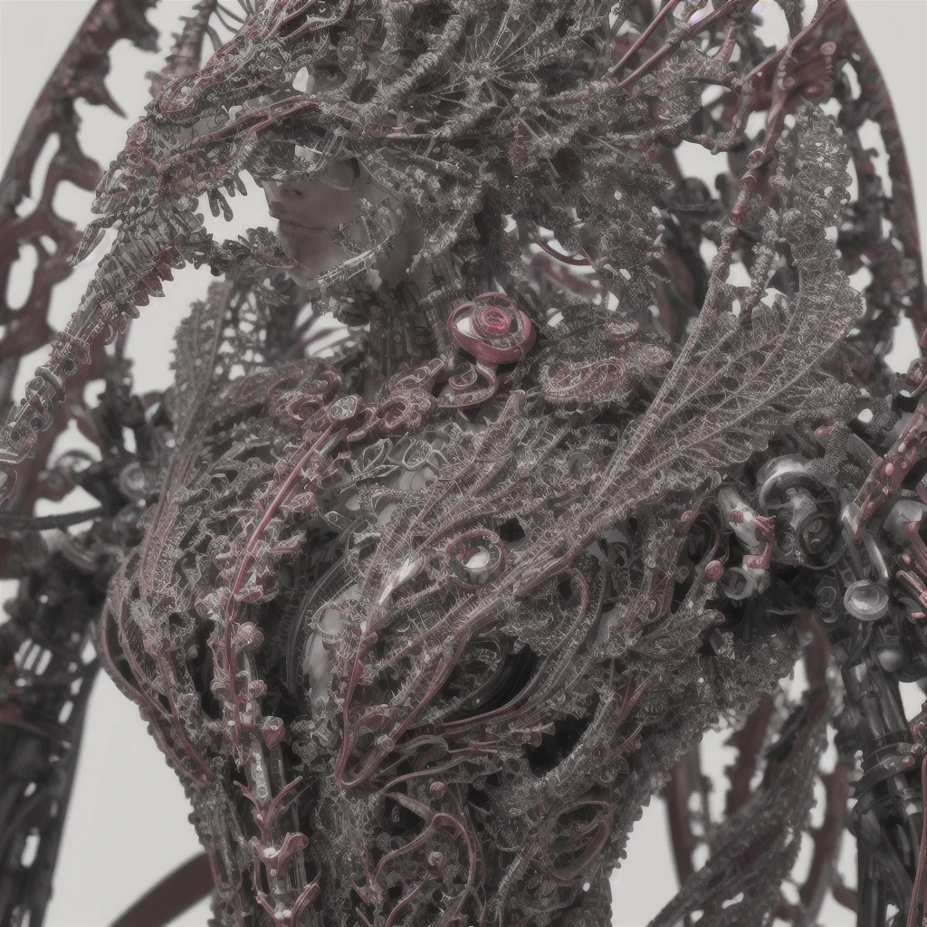 complex 3d render ultra detailed beautiful death angel, biomechanical cyborg, analog 150 mm lens, beautiful natural soft rim light, crystal feathers, roots, fine foliage lace, colorful details, Boris Bidjan Saberi outfit, pearl earrings, piercing, art nouveau fashion embroidered, intricate details, mesh wire, mandelbrot fractal, facial muscles, cable wires, microchip, badass, hyper realistic, ultra detailed, octane render,  volumetric lighting, 8k post-production, red and white with a bit of black, detailled metalic bones, semi human, iridescent colors, Glenn Brown style, futuristic room, power of the god, high-angle shot, complex body poses
