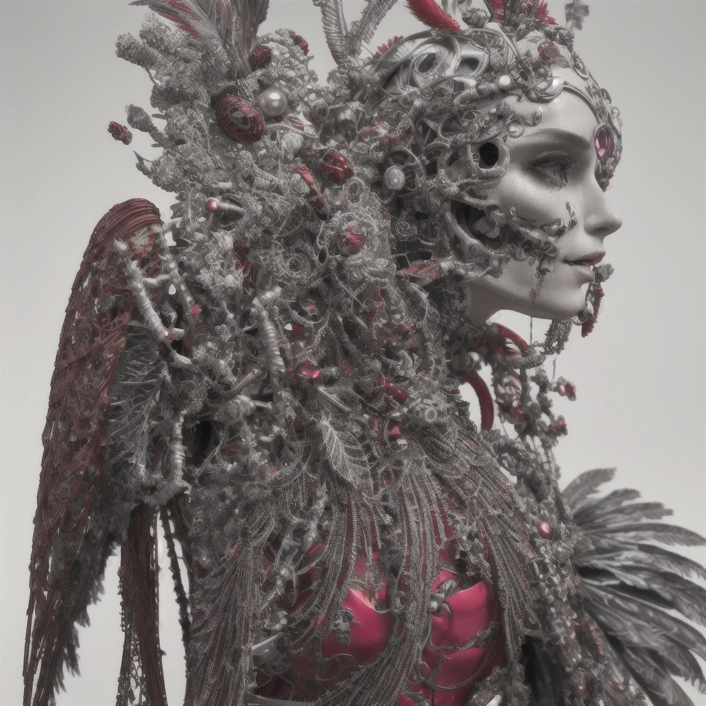 complex 3d render ultra detailed beautiful death angel, biomechanical cyborg, analog 150 mm lens, beautiful natural soft rim light, crystal feathers, roots, fine foliage lace, colorful details, Boris Bidjan Saberi outfit, pearl earrings, piercing, art nouveau fashion embroidered, intricate details, mesh wire, mandelbrot fractal, facial muscles, cable wires, microchip, badass, hyper realistic, ultra detailed, octane render, volumetric lighting, 8k post-production, red and white with a bit of black, detailled metalic bones, semi human, iridescent colors, Glenn Brown style, futuristic room, power of the god, high-angle shot, complex body poses