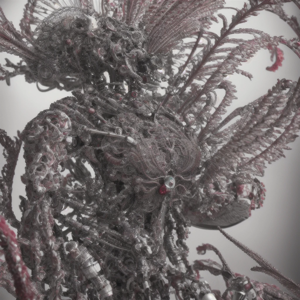 complex 3d render ultra detailed beautiful death angel, biomechanical cyborg, analog 150 mm lens, beautiful natural soft rim light, crystal feathers, roots, fine foliage lace, colorful details, Boris Bidjan Saberi outfit, pearl earrings, piercing, art nouveau fashion embroidered, intricate details, mesh wire, mandelbrot fractal, facial muscles, cable wires, microchip, badass, hyper realistic, ultra detailed, octane render,  volumetric lighting, 8k post-production, red and white with a bit of black, detailled metalic bones, semi human, iridescent colors, Glenn Brown style, futuristic room, power of the god, high-angle shot, complex body poses