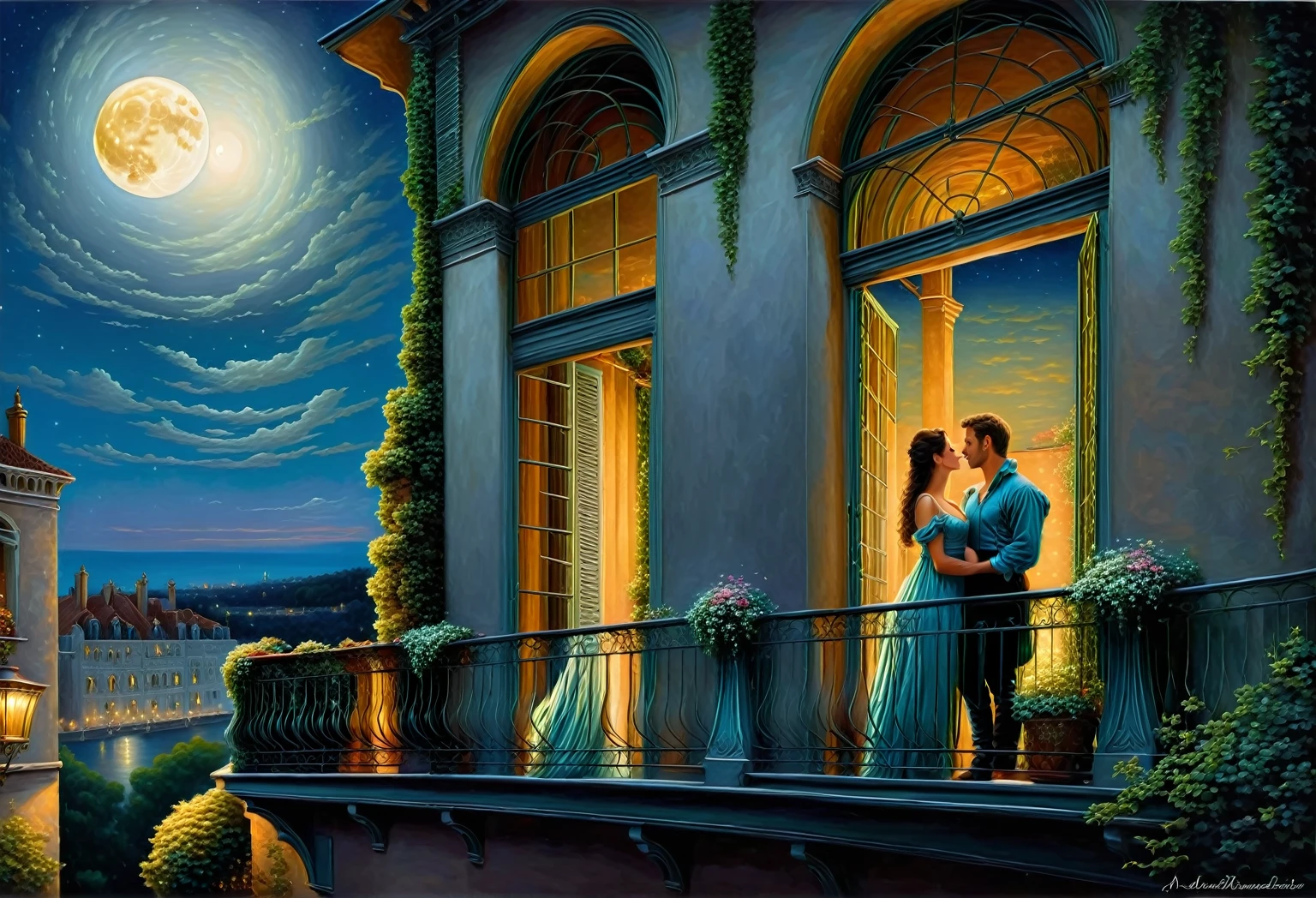 painting of a couple on a balcony at night with a full moon, romantic painting, inspired by Magali Villeneuve, romance novel cover, magali villeneuve and monet, balcony scene, inspired by Evgeny Lushpin, magali villeneuve', by Alexander Kucharsky, romantic era painting, romantic storybook fantasy, by Magali Villeneuve