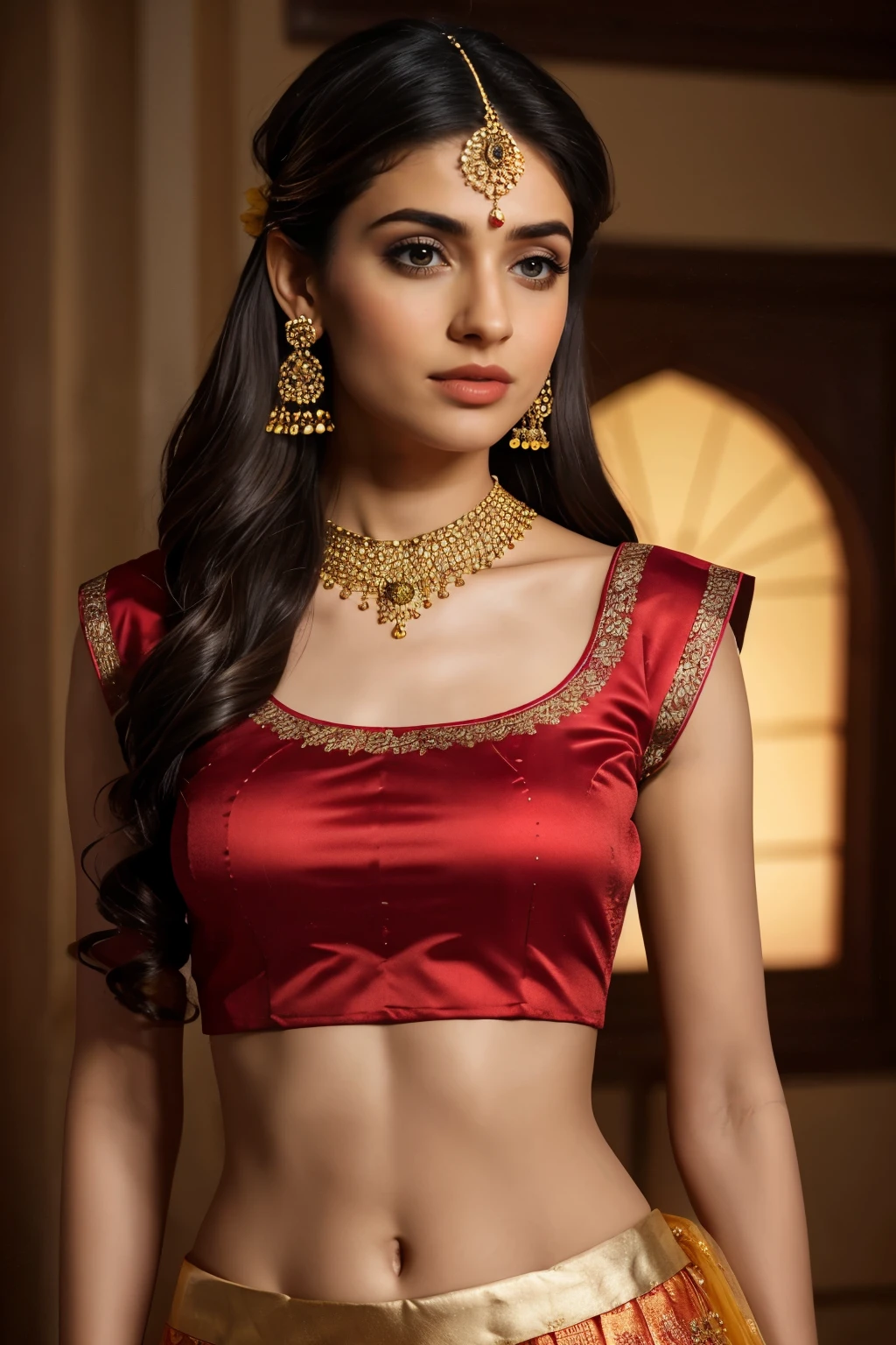 4K, UHD, masterpeice, indian girl, romantic face, detailed eyes, detailed lips, very long hair, straight hair, very long hair, beautiful hair, hair ornaments, hairband, gradient hair, ((yellow red tanktop)), ((bridal lehenga)), ((decorated blouse)), sardine, (( lehenga)), ((lace)), ornaments, necklace, earring, high lighting, ((bare stomach)), wedding stage, fujicolor, depth of field, ray tracing, ultra realistic detail,