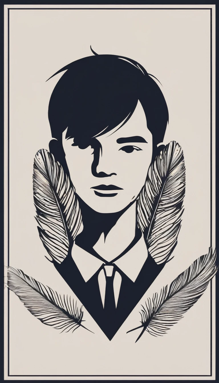 A minimal, modern, simple, cinematic logo design e of a boy with a head full of feathers for the brand “Penamemoria".