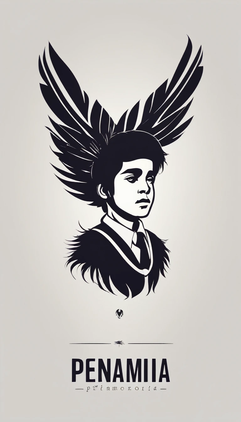 A minimal, modern, simple, cinematic logo design e of a boy with a head full of feathers for the brand “Penamemoria".