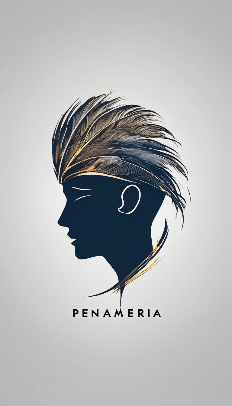 A minimal, modern, simple, cinematic logo design e of a boy with a head full of feathers for the brand “Penamemoria".