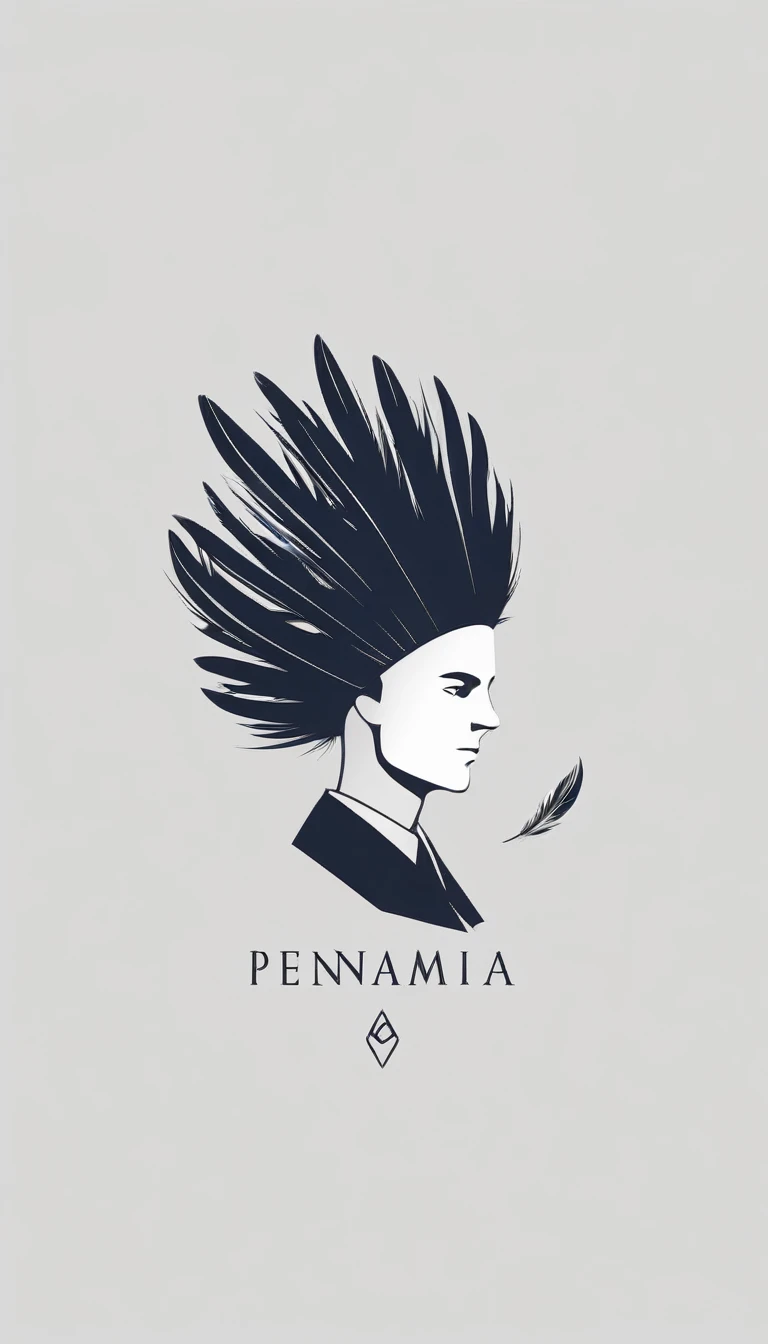 A minimal, modern, simple, cinematic logo design e of a boy with a head full of feathers for the brand “Penamemoria".