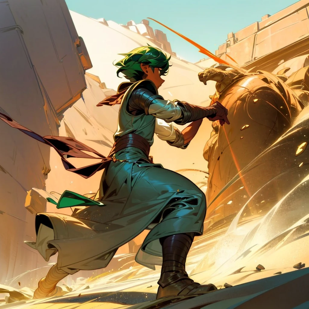 1boy, Full body version, 1character, (sand wanderer), brown eyes color, dark skin, Curly cut hairstyle, small eyes type, green colour hair, doctor ancient roman clothing style, white color clothing, dark green robe, Ancient roman boots, armor vest, sands in two hand, Grassroots background in desert, (battle, battle gesture, battle poses, view character on small, He a sand wanderer, he controls sand with his hands, he fights enemies with sand, enemies, bandits, Fighting, intense battles, fighting in desert, Dynamic Pose, Motion Blur, emphasis lines, sparks, plasma, aura)