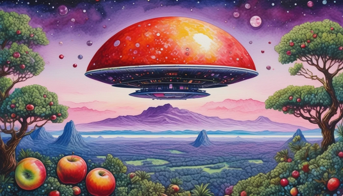 [front portrait] an astronaut, apples on an alien planet among local coral trees made of precious rubies, a flying saucer against a purple sky (by Vincent-Di-Fate), fresh watercolor palette canvas/acrylic, intricate, extreme detail, complex key, ((single shot)), ((best quality)), ((masterpiece)), ((realistic)), 8k