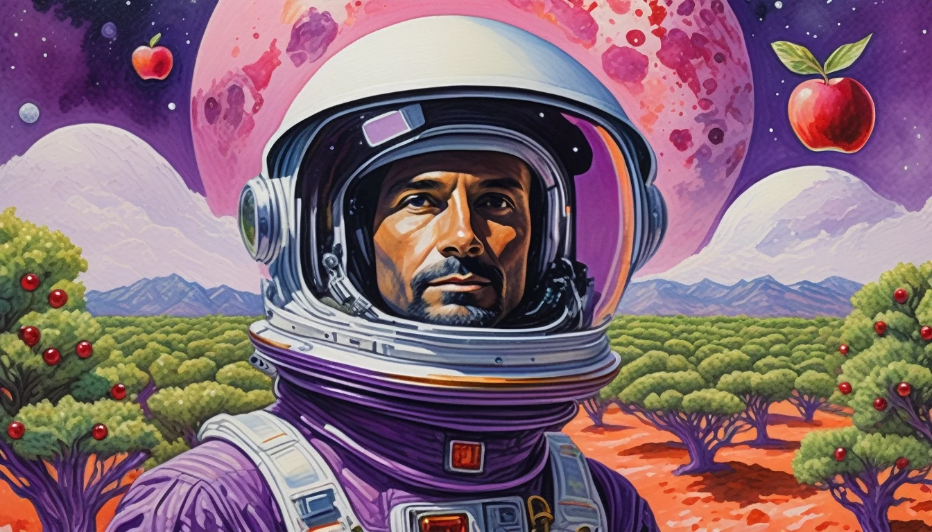 [front portrait] an astronaut, apples on an alien planet among local coral trees made of precious rubies, a flying saucer against a purple sky (by Vincent-Di-Fate), fresh watercolor palette canvas/acrylic, intricate, extreme detail, complex key, ((single shot)), ((best quality)), ((masterpiece)), ((realistic)), 8k