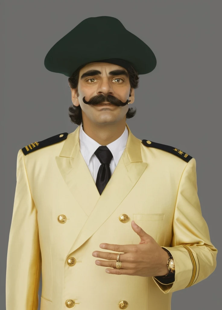 há um homem de terno e chapéu with a mustache, drdisrespect posing as napoleon, drdisrespect like napoleon, Dom Ramon, waluigi as a real person, with a mustache, big mustache, Raj Koothrappali como Saul Goodman, in pilot, Mr bean como Capitão América, pilot outfit, Portrait of Mr. bean, mexican mustache