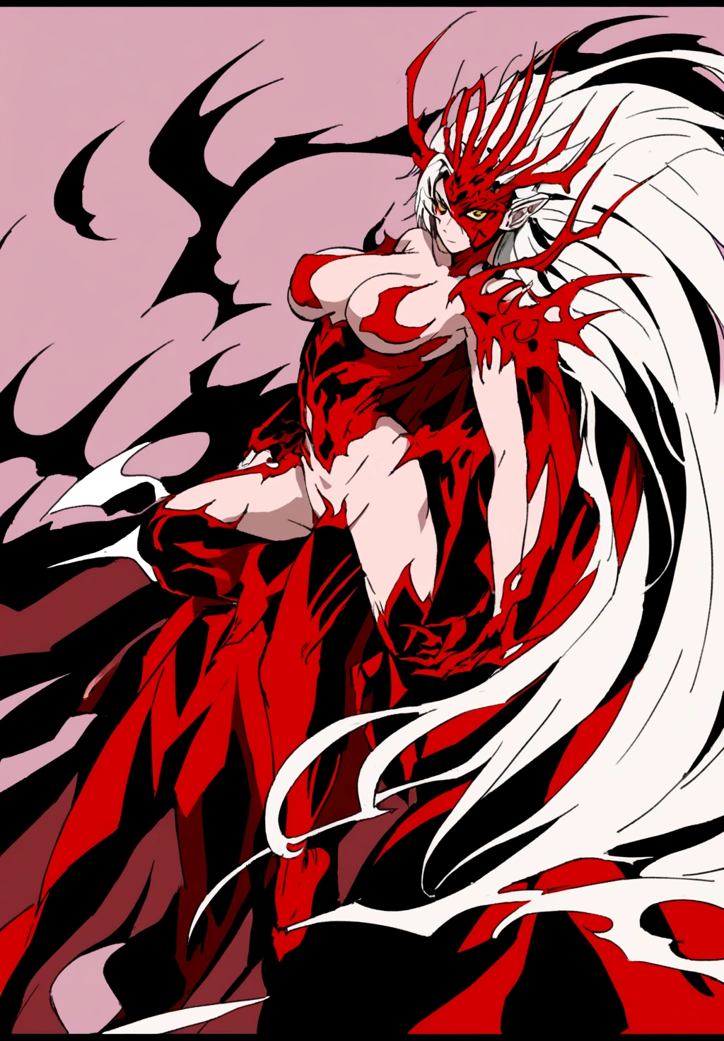 anime character with red and white hair and a red cape, djinn woman female demon, female djinn woman demon hybrid, an epic anime of a energy woman, full body devil woman, demon female, demon hero, human female demon, emitting evil red aura, fire!! full body, full body savage devilwoman, woman female demon, demon girl, pain from naruto, nude, impossibly large breasts