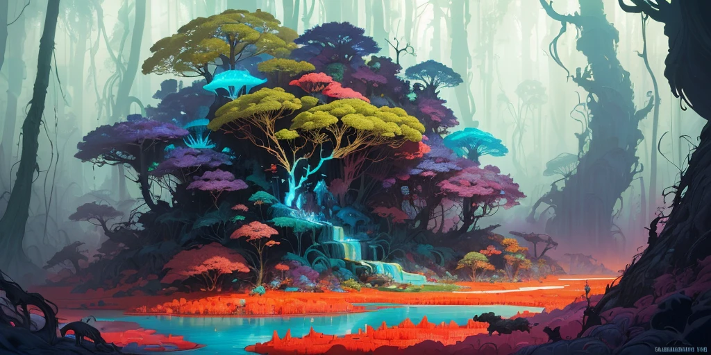 surreal lush forest mixed media, a (Paul Lehr Bernie Fuchs) magical fantasy designed, vivid colours, cryptic, mystical, flowing organic pop surrealism by james jean, roby dwi antono, ross tran, steven kenny, paul neberra, ashley wood, atmospheric, trending on artstation. 8 k masterpiece, fluid, filigree, smoke,