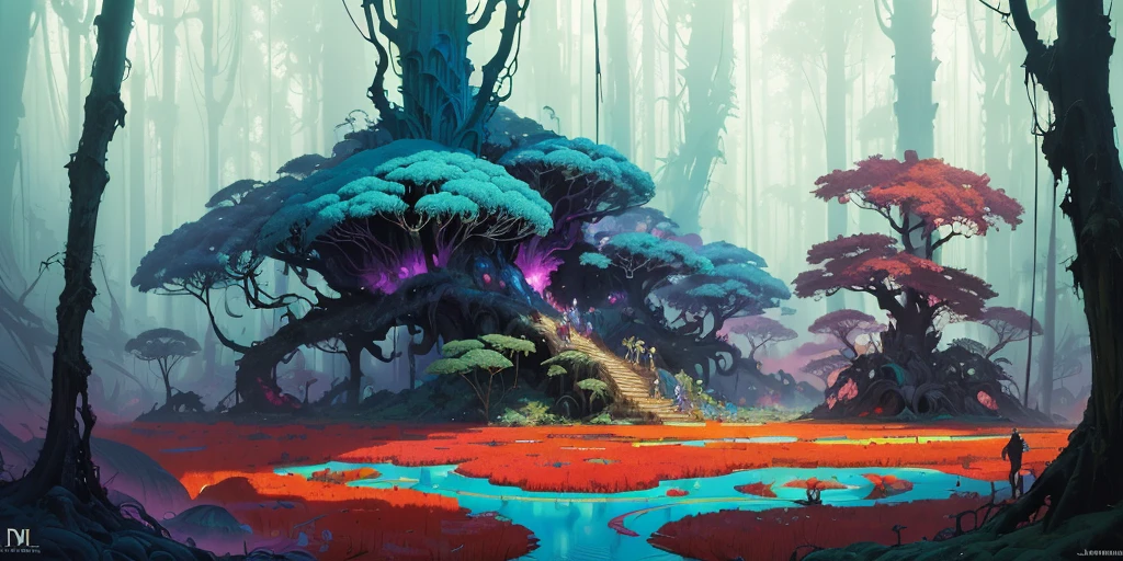 surreal lush forest mixed media, a (Paul Lehr Bernie Fuchs) magical fantasy designed, vivid colours, cryptic, mystical, flowing organic pop surrealism by james jean, roby dwi antono, ross tran, steven kenny, paul neberra, ashley wood, atmospheric, trending on artstation. 8 k masterpiece, fluid, filigree, smoke,