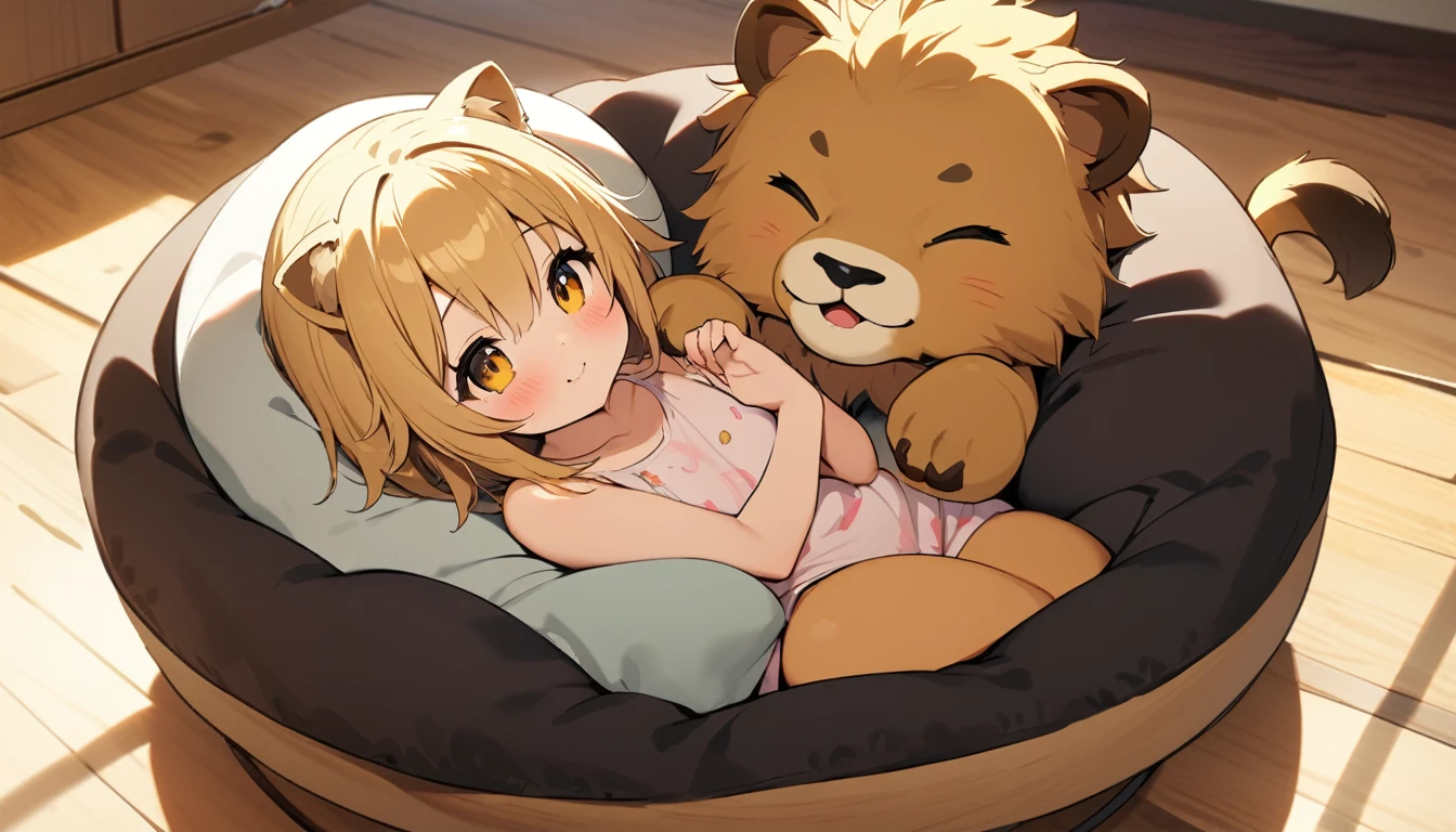 Attractive, big tits, anthropomorphic, female lion, innocent, maid outfit, medium bob blonde hair, blue clip, hotel room, on bed, seductive pose, brown eyes, pink heart visible in eyes, smiling, happy, wearing cardigan, shirt, skirt, black and white maid outfit She is. Tail curled and long, cartoonish, viewpoint back, slightly above her eye level, skirt flipped up to show her hips,