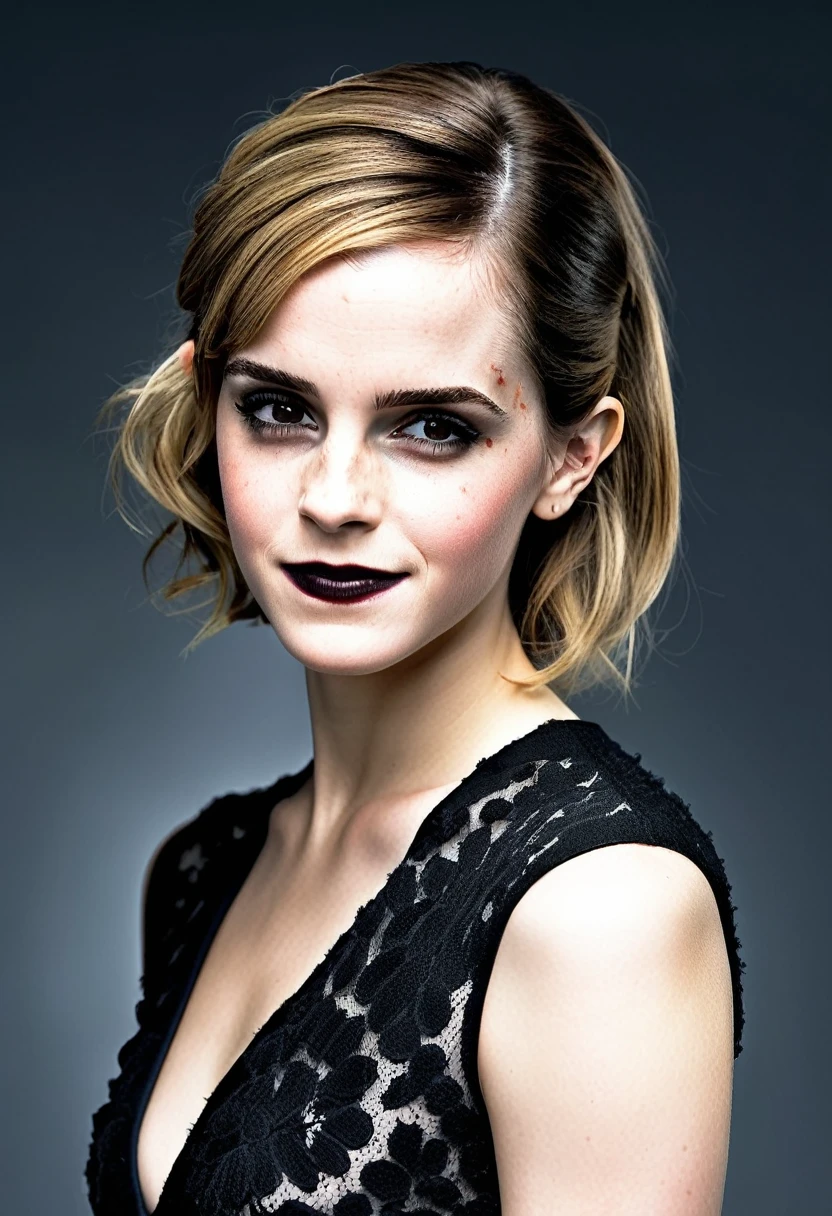 Emma watson queen, fully body, blonde hair, bangs hairstyle, pale skin, high detail, highly detailed,  blank background, black fingernails on fingers, black lipstick, smirk
