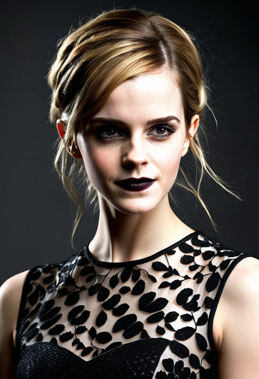 Emma watson queen, fully body, blonde hair, bangs hairstyle, pale skin, high detail, highly detailed,  blank background, black fingernails on fingers, black lipstick, smirk
