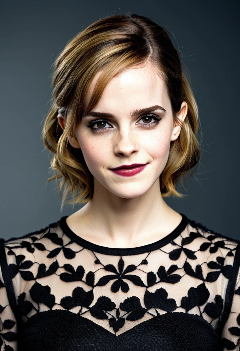 Emma watson queen, fully body, blonde hair, bangs hairstyle, pale skin, high detail, highly detailed, blank background, black fingernails on fingers, black lipstick, smirk