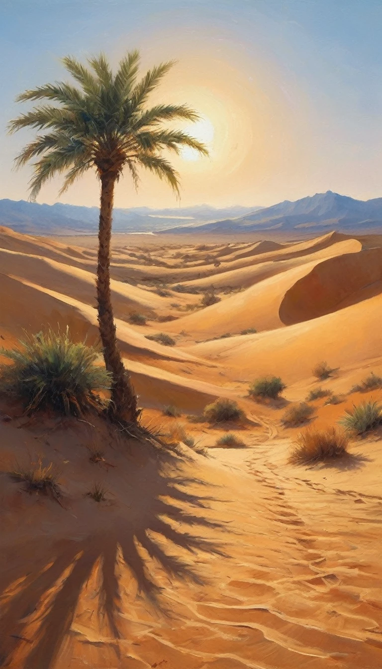 In an arid desert, the scorching sun paints the sky orange as undulating sand dunes stretch into infinity. A single lone palm tree provides shade, where Hagar and her son Ishmael seek shelter, representing the story of Genesis 16.